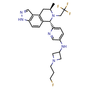 Chemical structure of N-(1-(3-fluoropropyl)azetidin-3-yl)-6-((6S,8R)-8-methyl-7-(2,2,2-trifluoroethyl)-6,7,8,9-tetrahydro-3H-pyrazolo[4,3-f]isoquinolin-6-yl)pyridin-3-amine , CAS 2222844-89-3, AChemBlock W171911