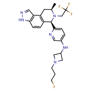 Chemical structure of N-(1-(3-fluoropropyl)azetidin-3-yl)-6-((6R,8R)-8-methyl-7-(2,2,2-trifluoroethyl)-6,7,8,9-tetrahydro-3H-pyrazolo[4,3-f]isoquinolin-6-yl)pyridin-3-amine , CAS 2222846-06-0, AChemBlock W171912