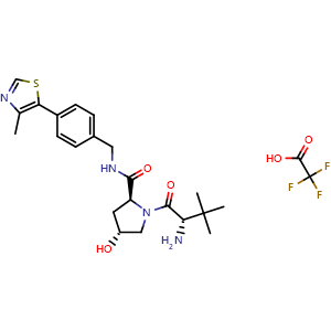 Chemical structure of (2S,4R)-1-((S)-2-amino-3,3-dimethylbutanoyl)-4-hydroxy-N-(4-(4-methylthiazol-5-yl)benzyl)pyrrolidine-2-carboxamide 2,2,2-trifluoroacetate , CAS 1631137-51-3, AChemBlock W171915