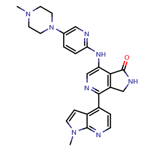 Chemical structure of 4-(1-methyl-1H-pyrrolo[2,3-b]pyridin-4-yl)-7-((5-(4-methylpiperazin-1-yl)pyridin-2-yl)amino)-2,3-dihydro-1H-pyrrolo[3,4-c]pyridin-1-one , CAS 2628503-51-3, AChemBlock W171925