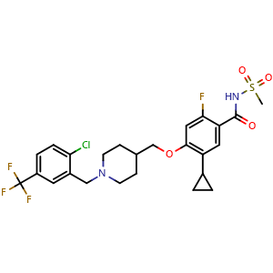 Chemical structure of 4-((1-(2-chloro-5-(trifluoromethyl)benzyl)piperidin-4-yl)methoxy)-5-cyclopropyl-2-fluoro-N-(methylsulfonyl)benzamide , CAS 1788071-27-1, AChemBlock W171926