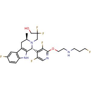 Chemical structure of 3-((1R,3R)-1-(3,5-difluoro-2-(2-((3-fluoropropyl)amino)ethoxy)pyridin-4-yl)-6-fluoro-3-methyl-3,4-dihydro-1H-pyrido[3,4-b]indol-2(9H)-yl)-2,2-difluoropropan-1-ol , CAS 2241358-25-6, AChemBlock W171929