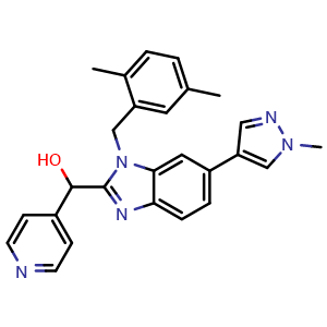 Chemical structure of (1-(2,5-dimethylbenzyl)-6-(1-methyl-1H-pyrazol-4-yl)-1H-benzo[d]imidazol-2-yl)(pyridin-4-yl)methanol , CAS 1515888-53-5, AChemBlock W171943