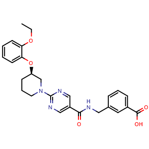 Chemical structure of (R)-3-((2-(3-(2-ethoxyphenoxy)piperidin-1-yl)pyrimidine-5-carboxamido)methyl)benzoic acid , CAS 1809064-23-0, AChemBlock W171952