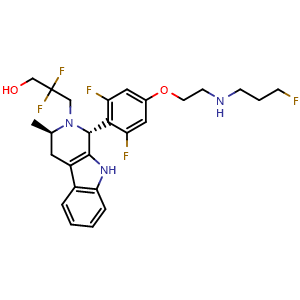 Chemical structure of 3-((1R,3R)-1-(2,6-difluoro-4-(2-((3-fluoropropyl)amino)ethoxy)phenyl)-3-methyl-3,4-dihydro-1H-pyrido[3,4-b]indol-2(9H)-yl)-2,2-difluoropropan-1-ol , CAS 2173403-83-1, AChemBlock W171954