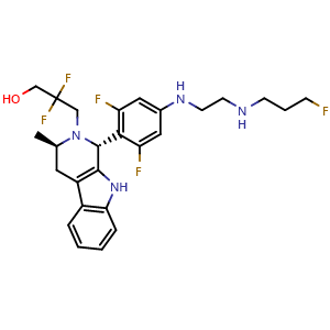 Chemical structure of 3-((1R,3R)-1-(2,6-difluoro-4-((2-((3-fluoropropyl)amino)ethyl)amino)phenyl)-3-methyl-3,4-dihydro-1H-pyrido[3,4-b]indol-2(9H)-yl)-2,2-difluoropropan-1-ol , CAS 2173404-18-5, AChemBlock W171955