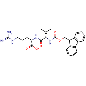 Chemical structure of (S)-2-((S)-2-((((9H-fluoren-9-yl)methoxy)carbonyl)amino)-3-methylbutanamido)-5-guanidinopentanoic acid , CAS 1877299-86-9, AChemBlock W171956