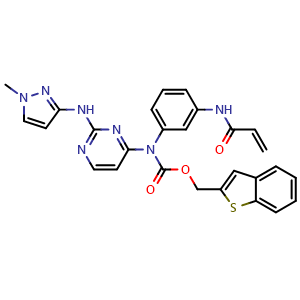 Chemical structure of benzo[b]thiophen-2-ylmethyl (3-acrylamidophenyl)(2-((1-methyl-1H-pyrazol-3-yl)amino)pyrimidin-4-yl)carbamate , CAS 2068806-32-4, AChemBlock W171961