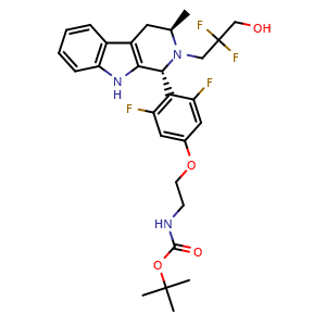 Chemical structure of tert-butyl (2-(4-((1R,3R)-2-(2,2-difluoro-3-hydroxypropyl)-3-methyl-2,3,4,9-tetrahydro-1H-pyrido[3,4-b]indol-1-yl)-3,5-difluorophenoxy)ethyl)carbamate , CAS 2800900-41-6, AChemBlock W171984