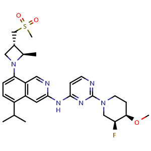 Chemical structure of N-[2-[(3S,4R)-3-Fluoro-4-methoxy-1-piperidyl]-4-pyrimidinyl]-5-isopropyl-8-[(2R,3S)-2-methyl-3-[(methylsulfonyl)methyl]-1-azetidinyl]isoquinolin-3-amine , CAS 2660250-10-0, AChemBlock W171985