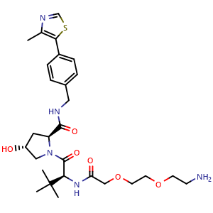 Chemical structure of (2S,4R)-1-((S)-2-(2-(2-(2-aminoethoxy)ethoxy)acetamido)-3,3-dimethylbutanoyl)-4-hydroxy-N-(4-(4-methylthiazol-5-yl)benzyl)pyrrolidine-2-carboxamide , CAS 2010159-60-9, AChemBlock W171986