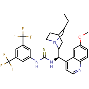 Chemical structure of 1-(3,5-bis(trifluoromethyl)phenyl)-3-((1R)-(5-ethylquinuclidin-2-yl)(6-methoxyquinolin-4-yl)methyl)thiourea , CAS 852913-19-0, AChemBlock W171989