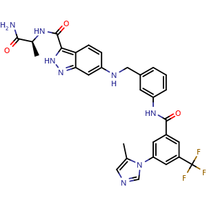 Chemical structure of (S)-N-(1-amino-1-oxopropan-2-yl)-6-(3-(3-(5-methyl-1H-imidazol-1-yl)-5-(trifluoromethyl)benzamido)benzylamino)-2H-indazole-3-carboxamide , CAS 1872264-71-5, AChemBlock W171994