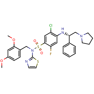 Chemical structure of (S)-5-chloro-N-(2,4-dimethoxybenzyl)-2-fluoro-4-((1-phenyl-2-(pyrrolidin-1-yl)ethyl)amino)-N-(thiazol-2-yl)benzenesulfonamide , CAS 2230146-91-3, AChemBlock W171997