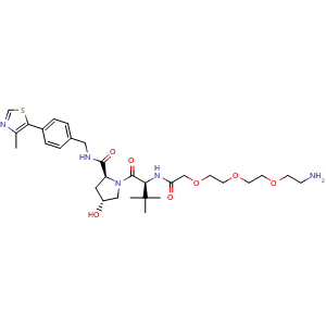 Chemical structure of (2S,4R)-1-((S)-14-amino-2-(tert-butyl)-4-oxo-6,9,12-trioxa-3-azatetradecanoyl)-4-hydroxy-N-(4-(4-methylthiazol-5-yl)benzyl)pyrrolidine-2-carboxamide , CAS 2010159-56-3, AChemBlock W172001