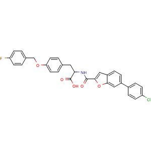 Chemical structure of 2-(6-(4-chlorophenyl)benzofuran-2-carboxamido)-3-(4-((4-fluorobenzyl)oxy)phenyl)propanoic acid , CAS 907951-72-8, AChemBlock W172003