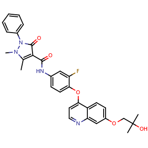 Chemical structure of N-(3-fluoro-4-((7-(2-hydroxy-2-methylpropoxy)quinolin-4-yl)oxy)phenyl)-1,5-dimethyl-3-oxo-2-phenyl-2,3-dihydro-1H-pyrazole-4-carboxamide , CAS 1394820-69-9, AChemBlock W172006