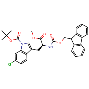 Chemical structure of (S)-tert-butyl 3-(2-((((9H-fluoren-9-yl)methoxy)carbonyl)amino)-3-methoxy-3-oxopropyl)-6-chloro-1H-indole-1-carboxylate , CAS 1236050-43-3, AChemBlock W172008