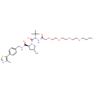Chemical structure of (2S,4R)-1-((S)-17-amino-2-(tert-butyl)-4-oxo-6,9,12,15-tetraoxa-3-azaheptadecanoyl)-4-hydroxy-N-(4-(4-methylthiazol-5-yl)benzyl)pyrrolidine-2-carboxamide , CAS 2010159-57-4, AChemBlock W172010