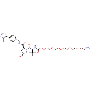 Chemical structure of (2S,4R)-1-((S)-20-amino-2-(tert-butyl)-4-oxo-6,9,12,15,18-pentaoxa-3-azaicosanoyl)-4-hydroxy-N-(4-(4-methylthiazol-5-yl)benzyl)pyrrolidine-2-carboxamide , CAS 2377275-22-2, AChemBlock W172013