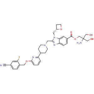 Chemical structure of 2-amino-2-(hydroxymethyl)propane-1,3-diol;2-[[4-[6-[(4-cyano-2-fluoro-phenyl)methoxy]-2-pyridyl]-1-piperidyl]methyl]-3-[[(2S)-oxetan-2-yl]methyl]benzimidazole-5-carboxylic acid , CAS 2230198-03-3, AChemBlock W172014