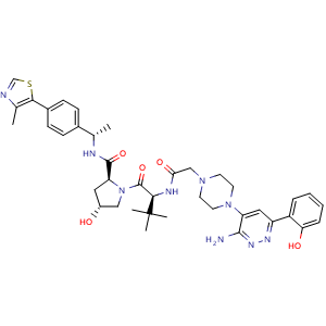 Chemical structure of (2S,4R)-1-((S)-2-(2-(4-(3-amino-6-(2-hydroxyphenyl)pyridazin-4-yl)piperazin-1-yl)acetamido)-3,3-dimethylbutanoyl)-4-hydroxy-N-((S)-1-(4-(4-methylthiazol-5-yl)phenyl)ethyl)pyrrolidine-2-carboxamide , CAS 2380274-50-8, AChemBlock W172015
