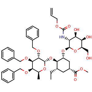 Chemical structure of methyl (1R,3R,4R,5S)-3-[(2R,3R,4R,5R,6R)-3-(allyloxycarbonylamino)-4,5-dihydroxy-6-(hydroxymethyl)tetrahydropyran-2-yl]oxy-5-ethyl-4-[(2S,3S,4R,5R,6S)-3,4,5-tribenzyloxy-6-methyl-tetrahydropyran-2-yl]oxy-cyclohexanecarboxylate , CAS 2609644-29-1, AChemBlock W172027