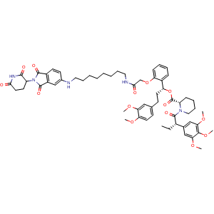 Chemical structure of (1R)-3-(3,4-dimethoxyphenyl)-1-(2-(2-((8-((2-(2,6-dioxopiperidin-3-yl)-1,3-dioxoisoindolin-5-yl)amino)octyl)amino)-2-oxoethoxy)phenyl)propyl (2S)-1-((S)-2-(3,4,5-trimethoxyphenyl)butanoyl)piperidine-2-carboxylate , CAS 2265886-81-3, AChemBlock W172053
