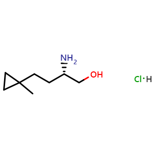 Chemical structure of (2S)-2-amino-4-(1-methylcyclopropyl)butan-1-ol;hydrochloride , CAS 2891581-46-5, AChemBlock W172601