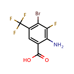Chemical structure of 2-amino-4-bromo-3-fluoro-5-(trifluoromethyl)benzoic acid , CAS 2134633-62-6, AChemBlock W172616