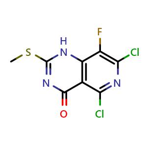 Chemical structure of 5,7-dichloro-8-fluoro-2-methylsulfanyl-1H-pyrido[4,3-d]pyrimidin-4-one , CAS 2763157-90-8, AChemBlock W172619