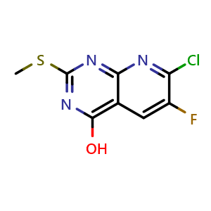 Chemical structure of 7-Chloro-6-fluoro-2-(methylthio)pyrido[2,3-d]pyrimidin-4-ol , CAS 2648332-62-9, AChemBlock W172629