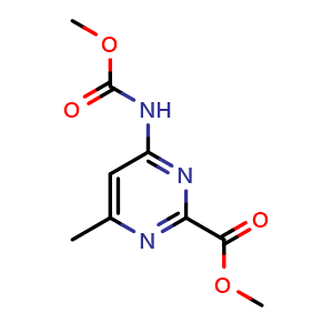 Chemical structure of methyl 4-(methoxycarbonylamino)-6-methyl-pyrimidine-2-carboxylate , CAS 2940954-95-8, AChemBlock W172831