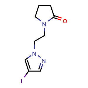 Chemical structure of 1-[2-(4-iodopyrazol-1-yl)ethyl]pyrrolidin-2-one , CAS 2158527-43-4, AChemBlock W172880
