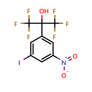 Chemical structure of 1,1,1,3,3,3-Hexafluoro-2-(3-iodo-5-nitrophenyl)-2-propanol , CAS 2845127-36-6, AChemBlock W172989