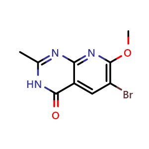 Chemical structure of 6-bromo-7-methoxy-2-methyl-3H-pyrido[2,3-d]pyrimidin-4-one , CAS 2755824-07-6, AChemBlock W173045