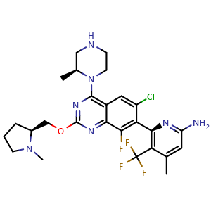 Chemical structure of 6-((S)-6-chloro-8-fluoro-4-((S)-2-methylpiperazin-1-yl)-2-(((S)-1-methylpyrrolidin-2-yl)methoxy)quinazolin-7-yl)-4-methyl-5-(trifluoromethyl)pyridin-2-amine , CAS 2417918-80-8, AChemBlock W173253