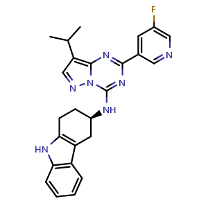 Chemical structure of (R)-N-(2-(5-fluoropyridin-3-yl)-8-isopropylpyrazolo[1,5-a][1,3,5]triazin-4-yl)-2,3,4,9-tetrahydro-1H-carbazol-3-amine , CAS 2247953-39-3, AChemBlock W173258
