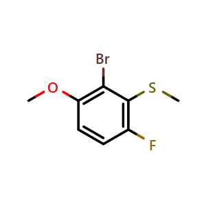 Chemical structure of (2-Bromo-6-fluoro-3-methoxyphenyl)(methyl)sulfane , CAS 2090548-28-8, AChemBlock X173432
