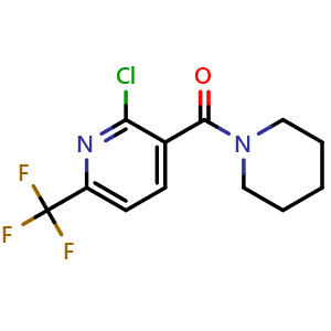 Chemical structure of (2-Chloro-6-(trifluoromethyl)pyridin-3-yl)(piperidin-1-yl)methanone , CAS 2807473-95-4, AChemBlock X173486