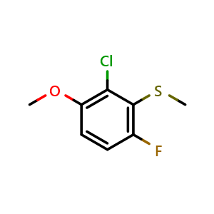 Chemical structure of (2-Chloro-6-fluoro-3-methoxyphenyl)(methyl)sulfane , CAS 2709834-49-9, AChemBlock X173489