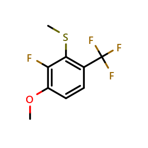 Chemical structure of (2-Fluoro-3-methoxy-6-(trifluoromethyl)phenyl)(methyl)sulfane , CAS 2705984-74-1, AChemBlock X173543