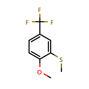 Chemical structure of (2-Methoxy-5-(trifluoromethyl)phenyl)(methyl)sulfane , CAS 1824651-97-9, AChemBlock X173606