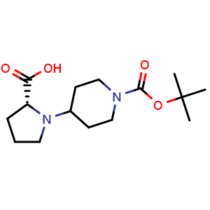 Chemical structure of (2R)-1-(1-tert-butoxycarbonyl-4-piperidyl)pyrrolidine-2-carboxylic acid , CAS 1212074-78-6, AChemBlock X173615