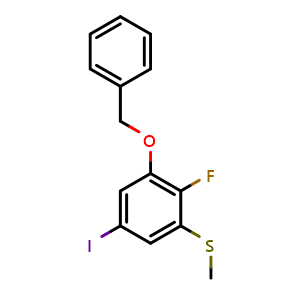 Chemical structure of (3-(Benzyloxy)-2-fluoro-5-iodophenyl)(methyl)sulfane , CAS 2764729-89-5, AChemBlock X173631