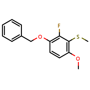 Chemical structure of (3-(Benzyloxy)-2-fluoro-6-methoxyphenyl)(methyl)sulfane , CAS 2586126-11-4, AChemBlock X173633