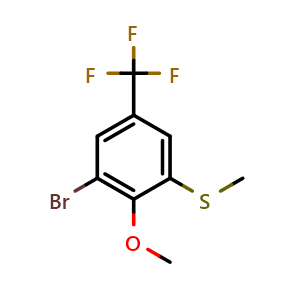 Chemical structure of (3-Bromo-2-methoxy-5-(trifluoromethyl)phenyl)(methyl)sulfane , CAS 2706345-47-1, AChemBlock X173719