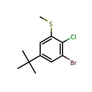 Chemical structure of (3-Bromo-5-(tert-butyl)-2-chlorophenyl)(methyl)sulfane , CAS 2807470-41-1, AChemBlock X173729