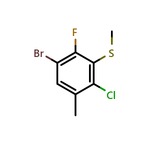 Chemical structure of (3-Bromo-6-chloro-2-fluoro-5-methylphenyl)(methyl)sulfane , CAS 2807440-40-8, AChemBlock X173767