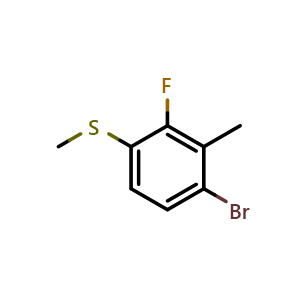 Chemical structure of (4-Bromo-2-fluoro-3-methylphenyl)(methyl)sulfane , CAS 2707664-33-1, AChemBlock X173946